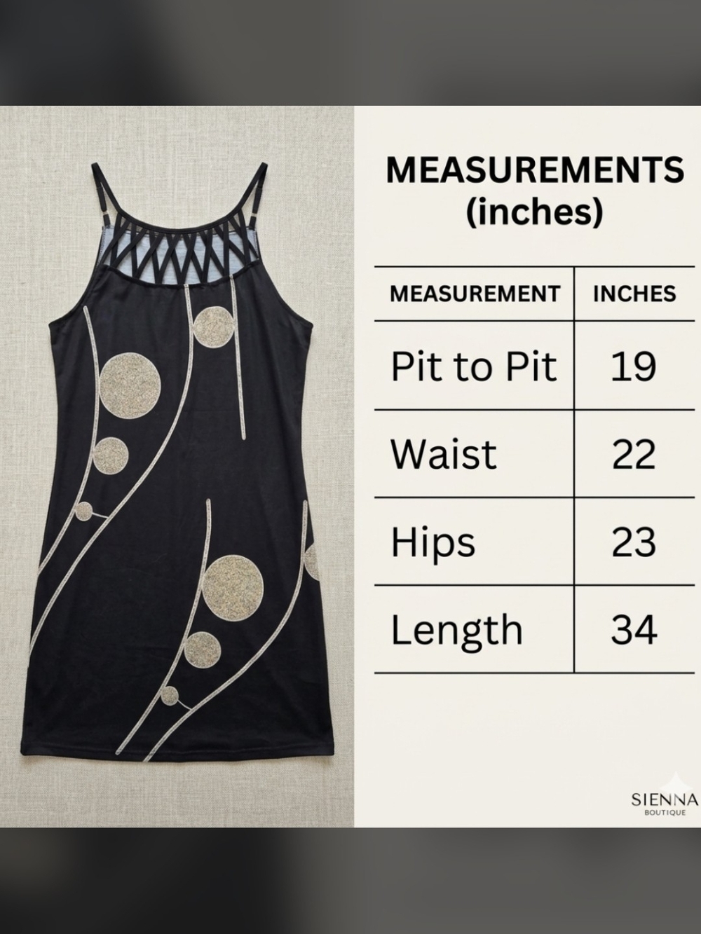 Stylish Black Abstract Circle Print Mini Dress – Lattice Neckline. US 14